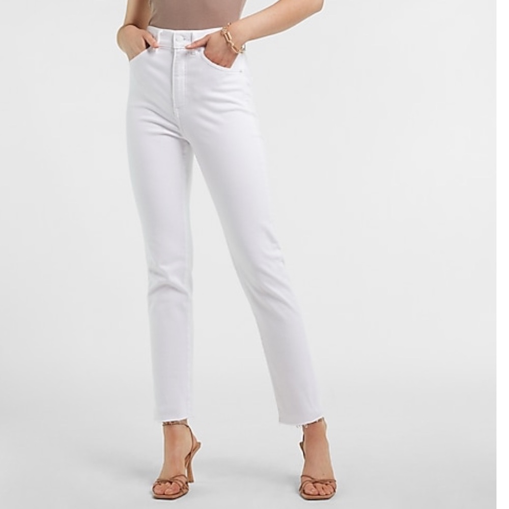 EXPRESS High Waisted White Raw Hem Slim Jeans